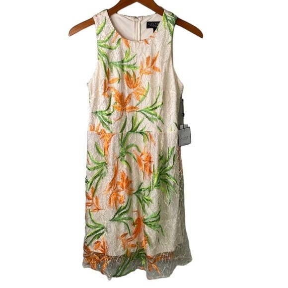 Laundry Shelli Segal Floral Embroidered A-Line Sleeveless Dress Lace Overlay - Picture 3 of 16